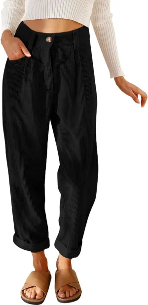 Acelitt Womens Elastic Waist Straight Leg Corduroy Pants with Pockets, S-2XL