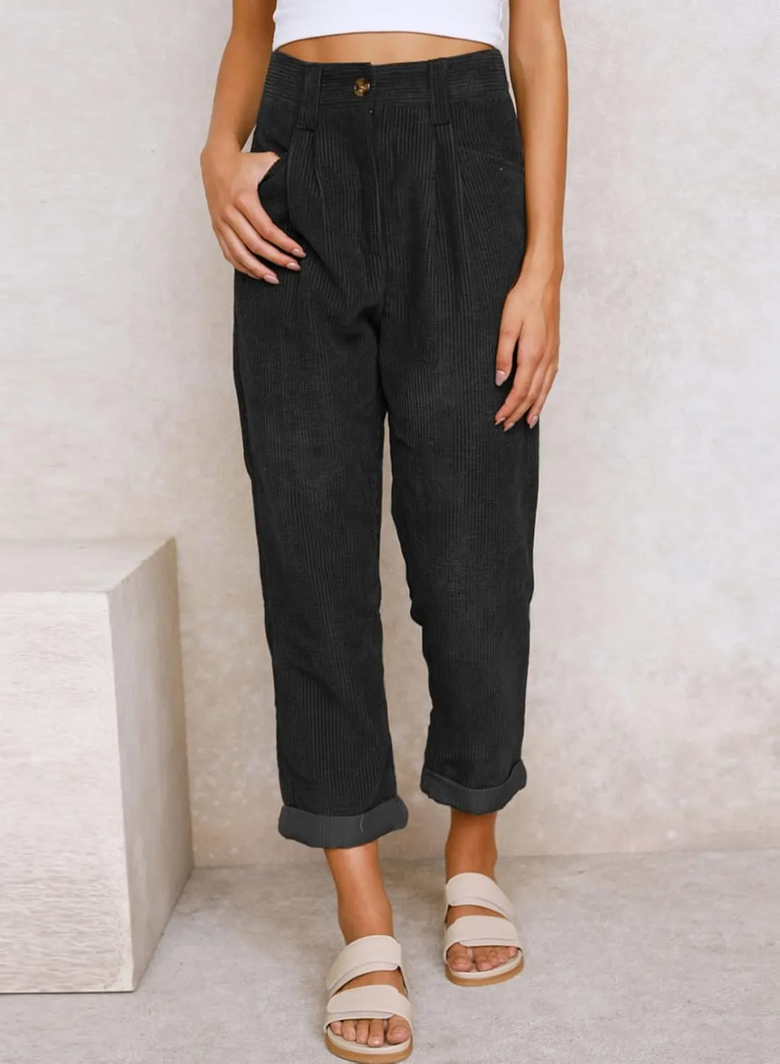 Acelitt Womens Elastic Waist Straight Leg Corduroy Pants with Pockets, S-2XL