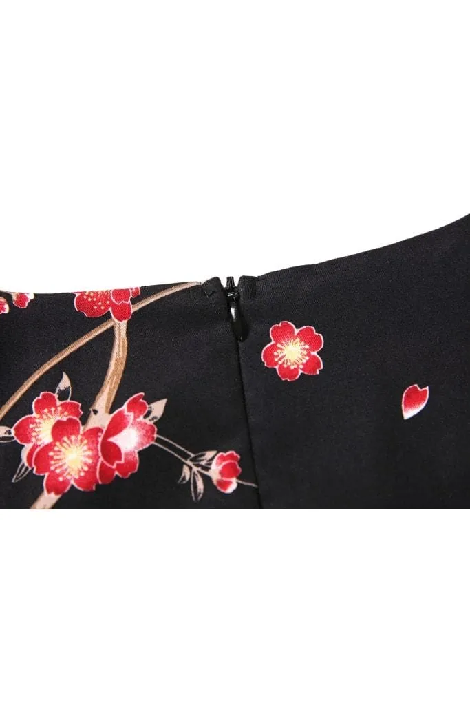 Black Sweetheart Pleated A-Line Dress with White Cranes and Pink Cherry Blossom Short Sleeve Vintage Dress