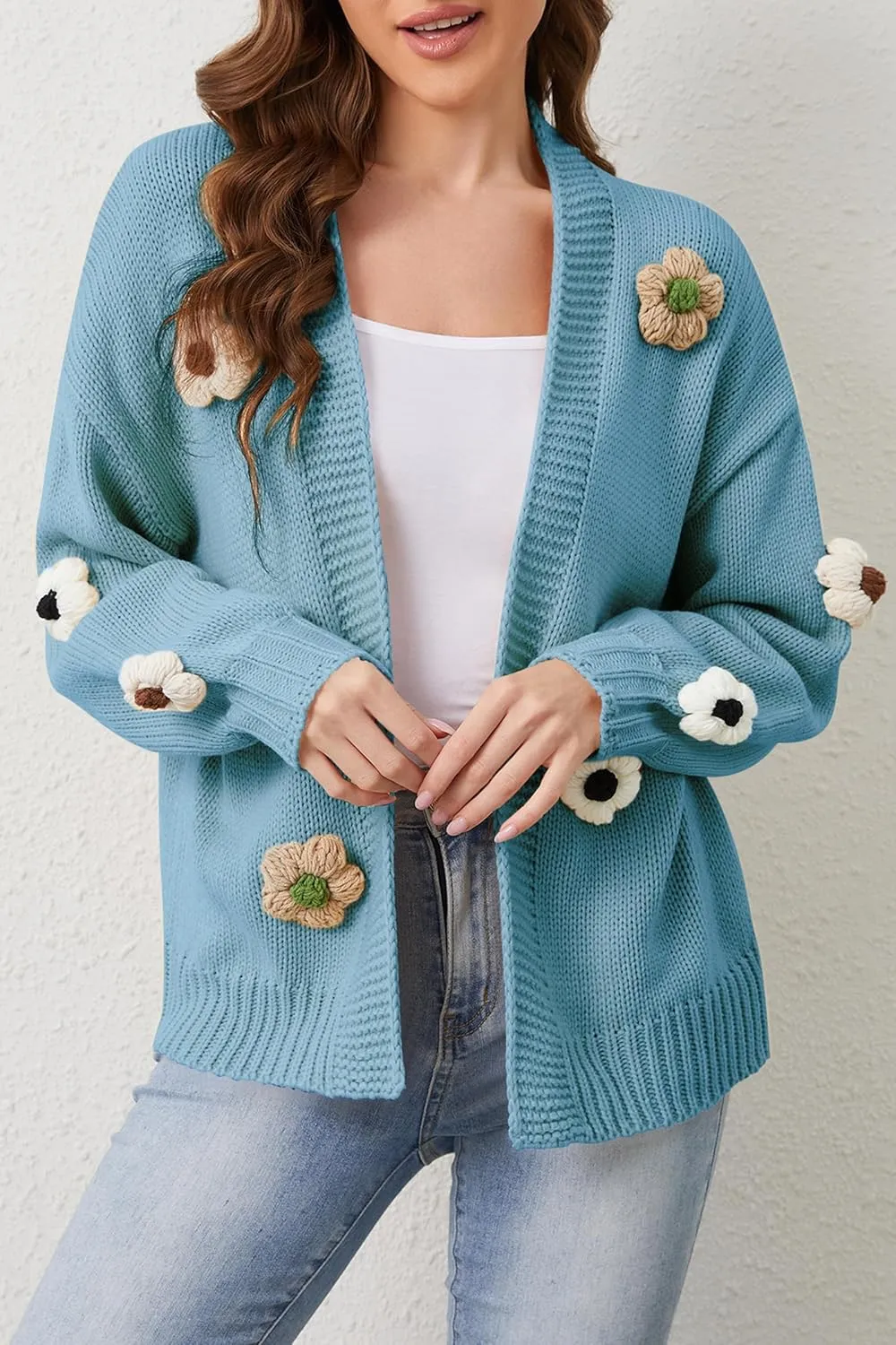 Cakulo Womens 2024 Cardigan Sweaters Fall Oversized Chunky 3D Flower Open Front Knit Cardigans Trendy