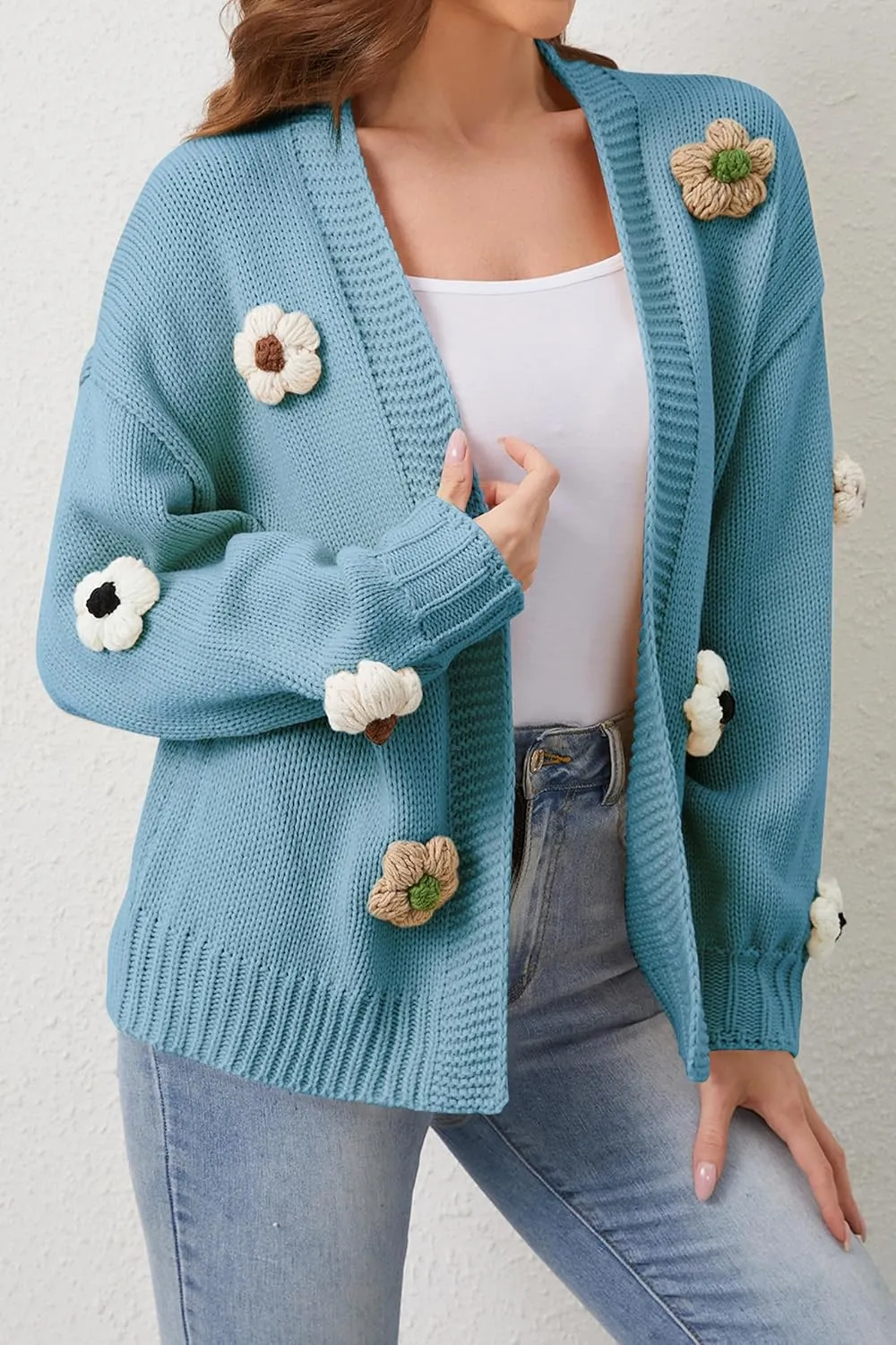 Cakulo Womens 2024 Cardigan Sweaters Fall Oversized Chunky 3D Flower Open Front Knit Cardigans Trendy