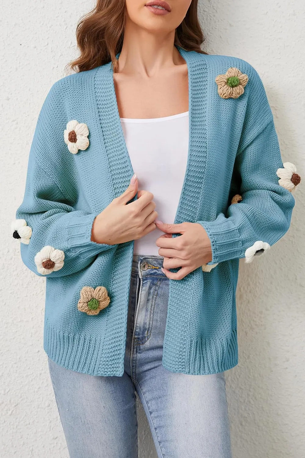 Cakulo Womens 2024 Cardigan Sweaters Fall Oversized Chunky 3D Flower Open Front Knit Cardigans Trendy