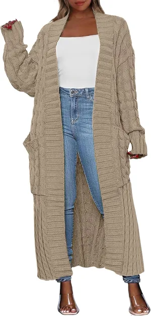 Caracilia Womens Long Cardigan Sweaters 2025 Fall Open Front Coat Long Sleeve Cable Knit Maxi Outerwear Trendy Jacket Clothes