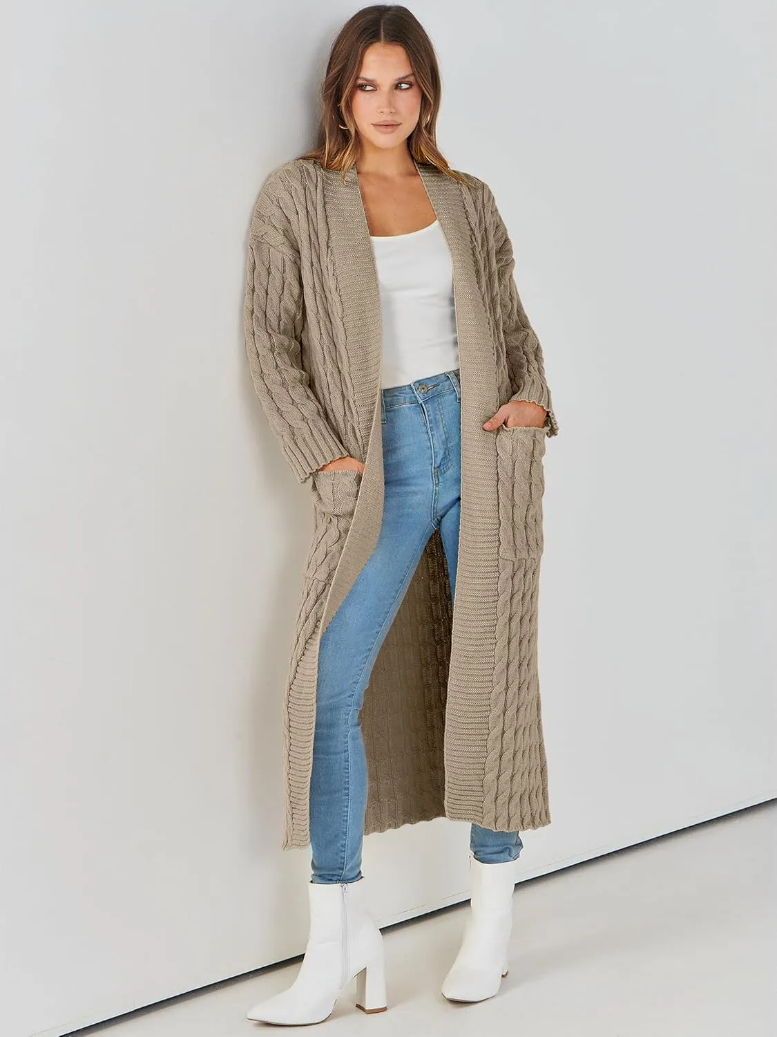 Caracilia Womens Long Cardigan Sweaters 2025 Fall Open Front Coat Long Sleeve Cable Knit Maxi Outerwear Trendy Jacket Clothes