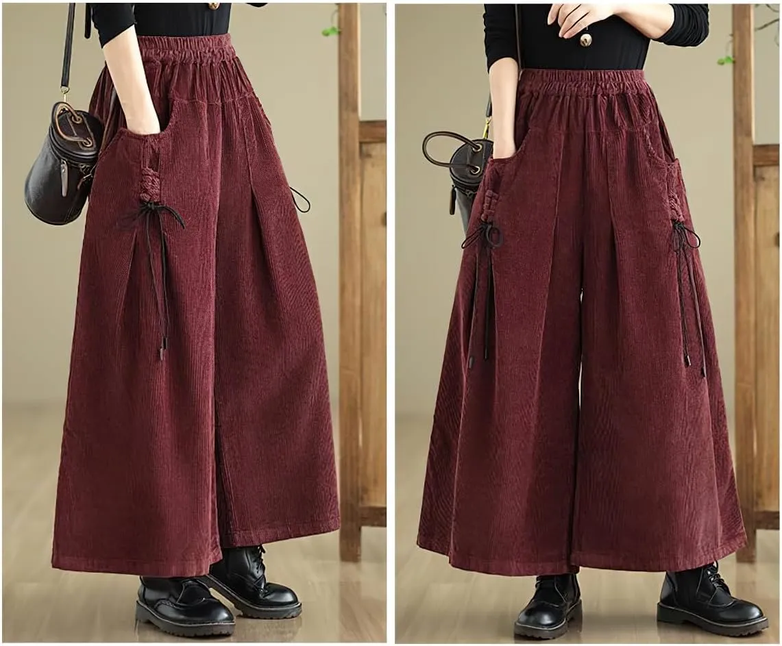 chouyatou Women's Fall Casual Wide Leg Baggy Corduroy Pants Elastic Waist Baggy Culotte Loose Trousers