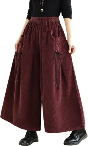 chouyatou Women's Fall Casual Wide Leg Baggy Corduroy Pants Elastic Waist Baggy Culotte Loose Trousers