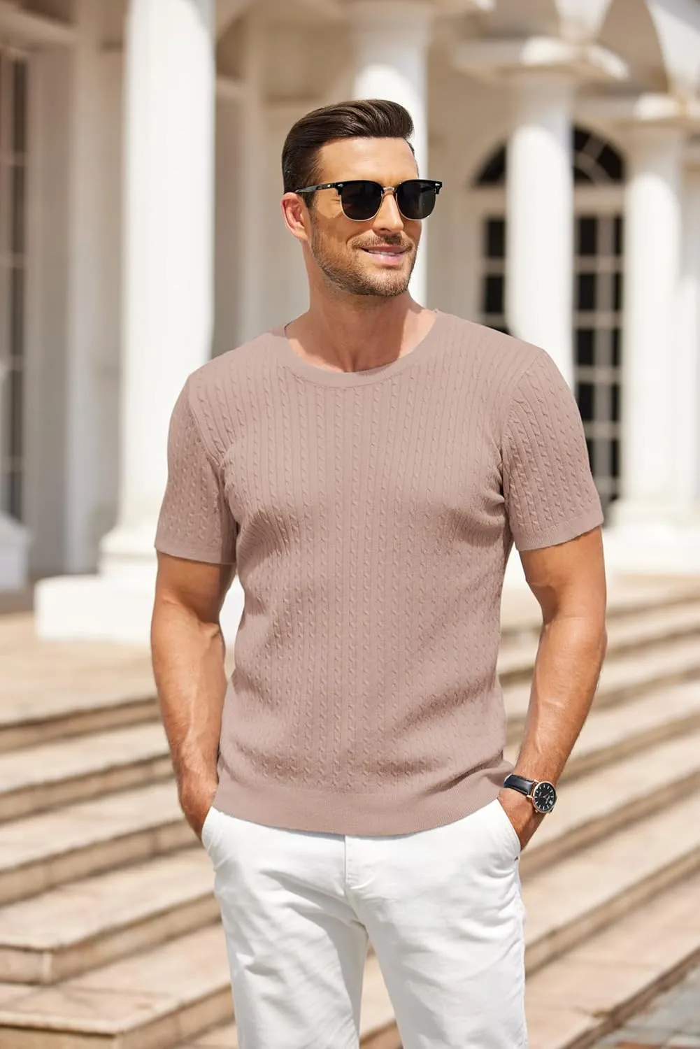 COOFANDY Men's Knit T Shirt Short Sleeve Crewneck Casual Vintage T-Shirts Summer Twist Knitted Pullover Tee