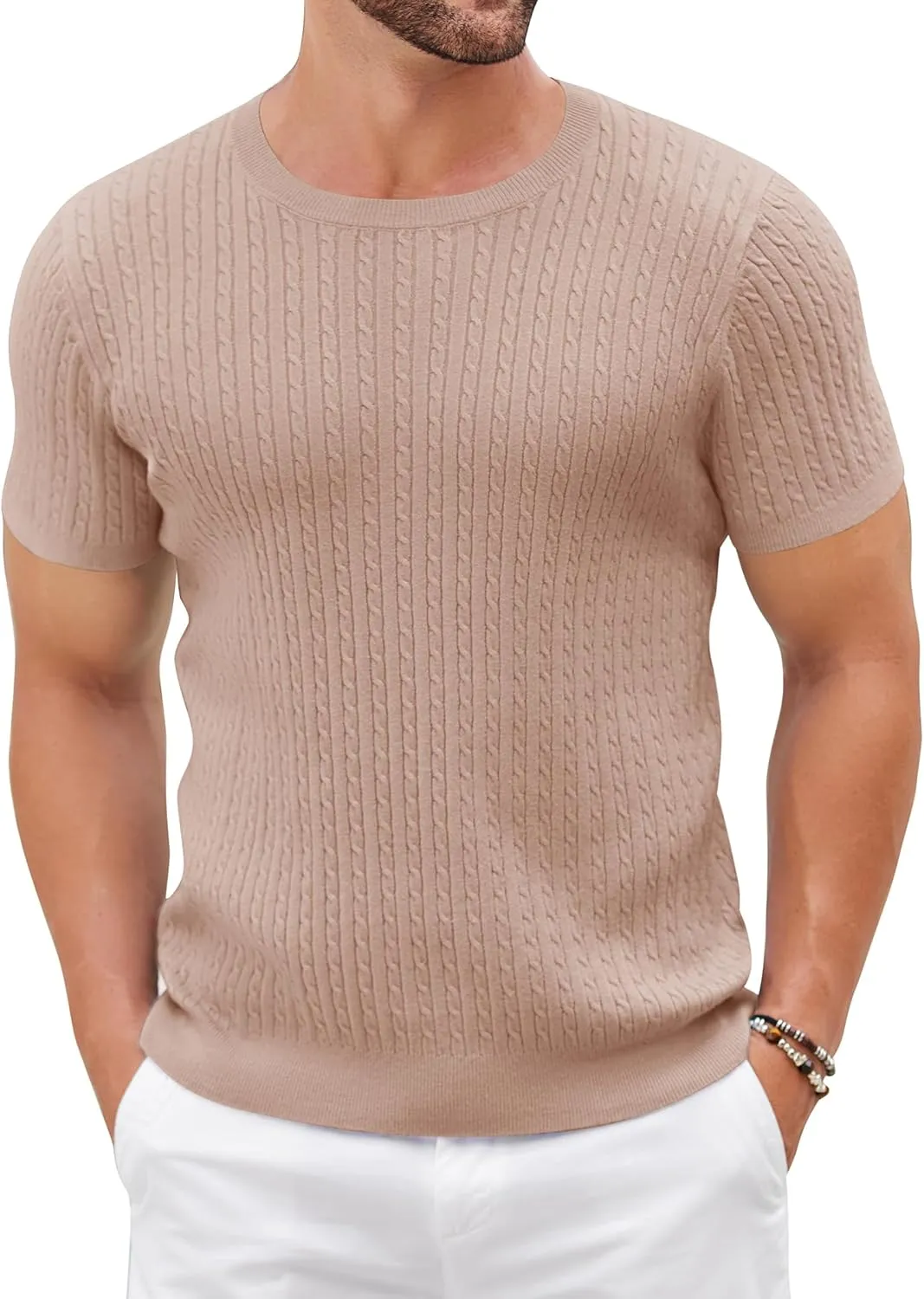 COOFANDY Men's Knit T Shirt Short Sleeve Crewneck Casual Vintage T-Shirts Summer Twist Knitted Pullover Tee