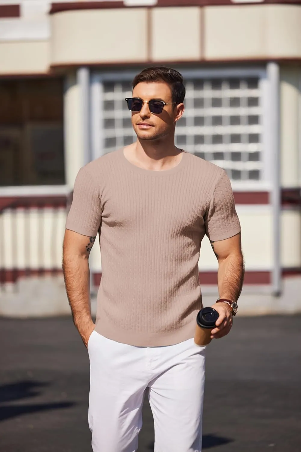 COOFANDY Men's Knit T Shirt Short Sleeve Crewneck Casual Vintage T-Shirts Summer Twist Knitted Pullover Tee