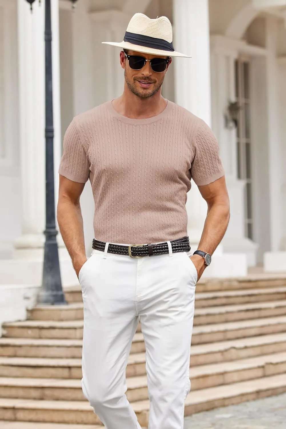 COOFANDY Men's Knit T Shirt Short Sleeve Crewneck Casual Vintage T-Shirts Summer Twist Knitted Pullover Tee