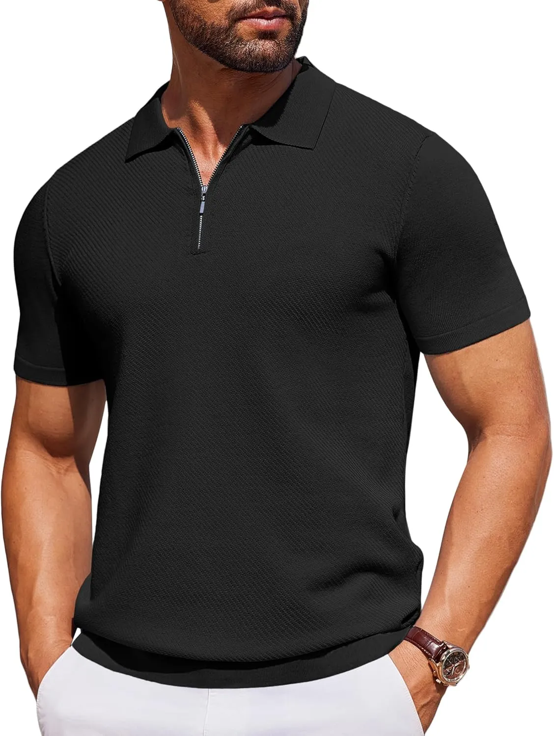 COOFANDY Men's Zipper Polo Shirts Short Sleeve Knit Polo T Shirt Casual Golf Polos for Men