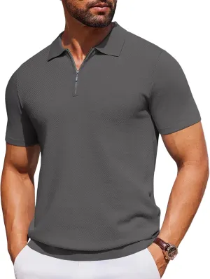 COOFANDY Men's Zipper Polo Shirts Short Sleeve Knit Polo T Shirt Casual Golf Polos for Men