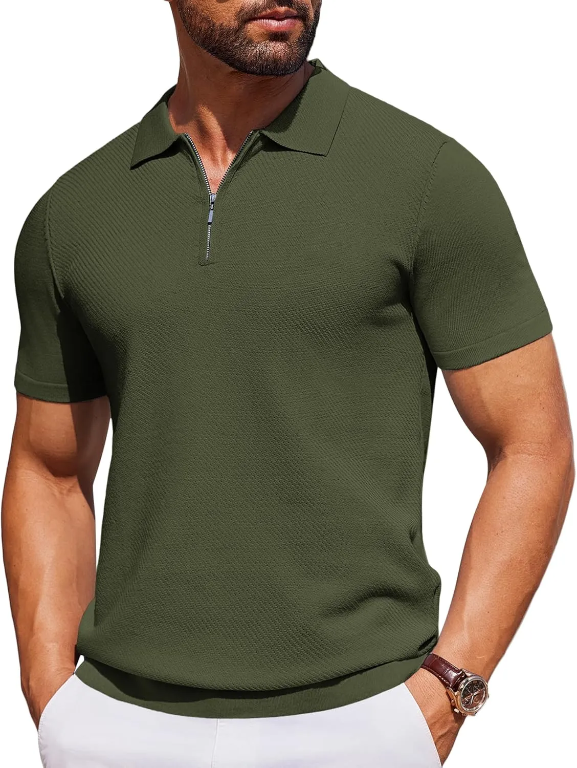 COOFANDY Men's Zipper Polo Shirts Short Sleeve Knit Polo T Shirt Casual Golf Polos for Men
