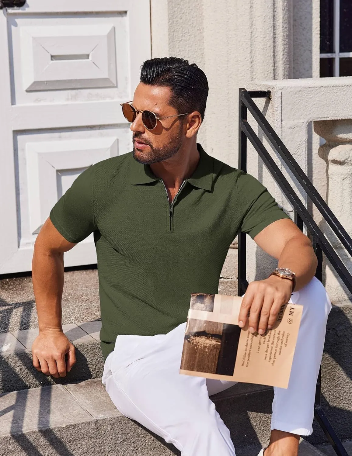 COOFANDY Men's Zipper Polo Shirts Short Sleeve Knit Polo T Shirt Casual Golf Polos for Men