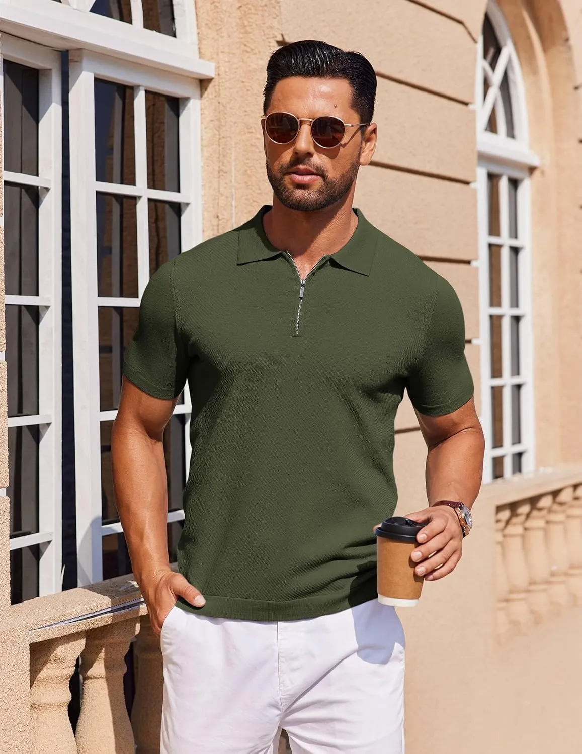 COOFANDY Men's Zipper Polo Shirts Short Sleeve Knit Polo T Shirt Casual Golf Polos for Men