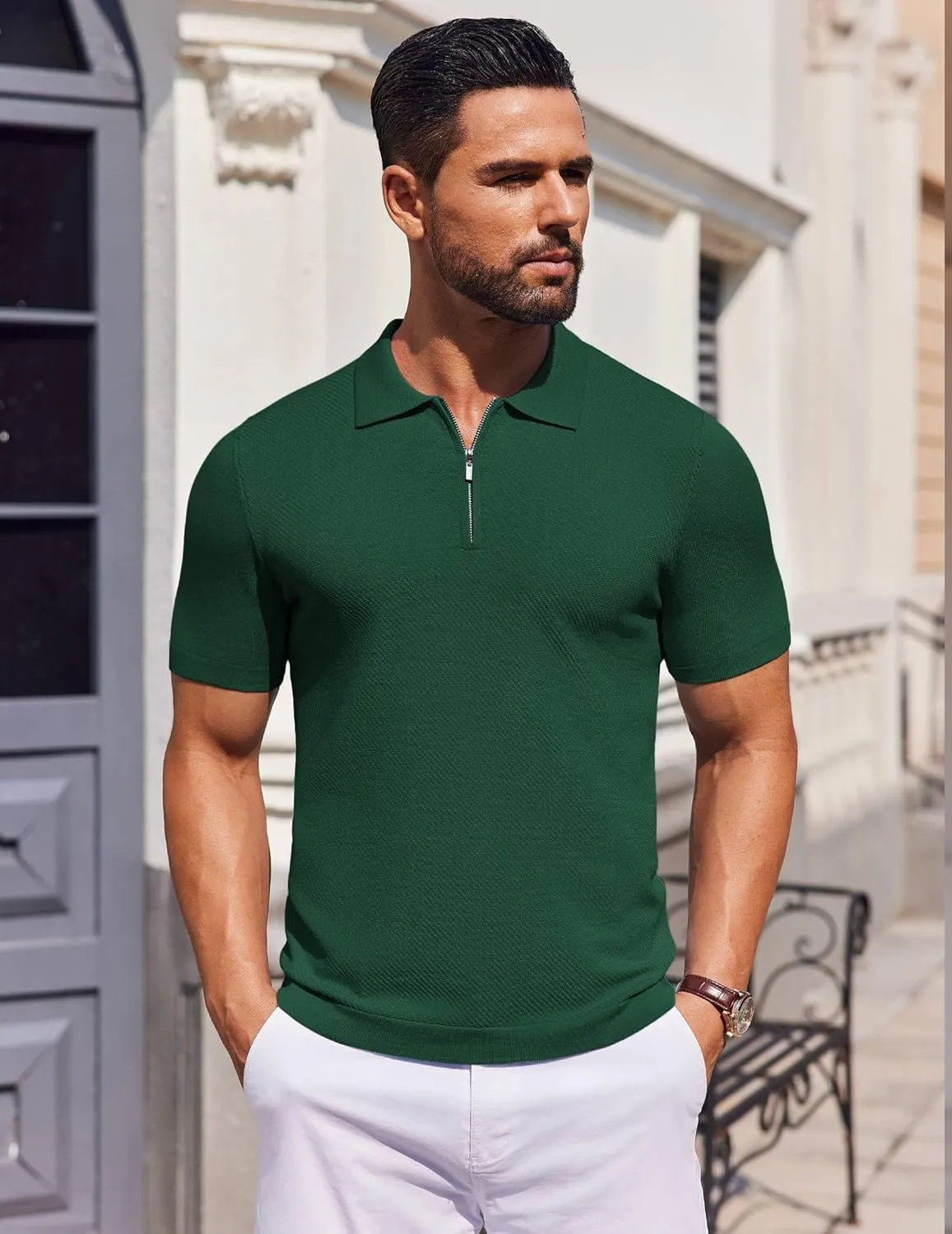 COOFANDY Men's Zipper Polo Shirts Short Sleeve Knit Polo T Shirt Casual Golf Polos for Men