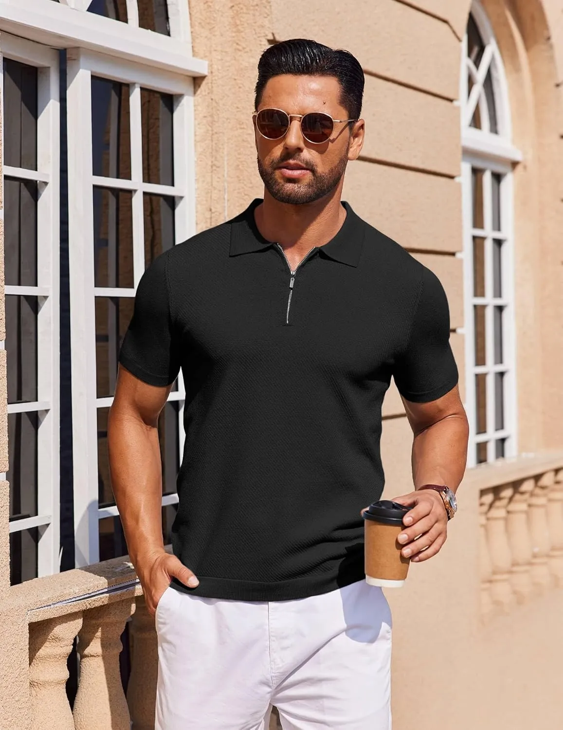 COOFANDY Men's Zipper Polo Shirts Short Sleeve Knit Polo T Shirt Casual Golf Polos for Men