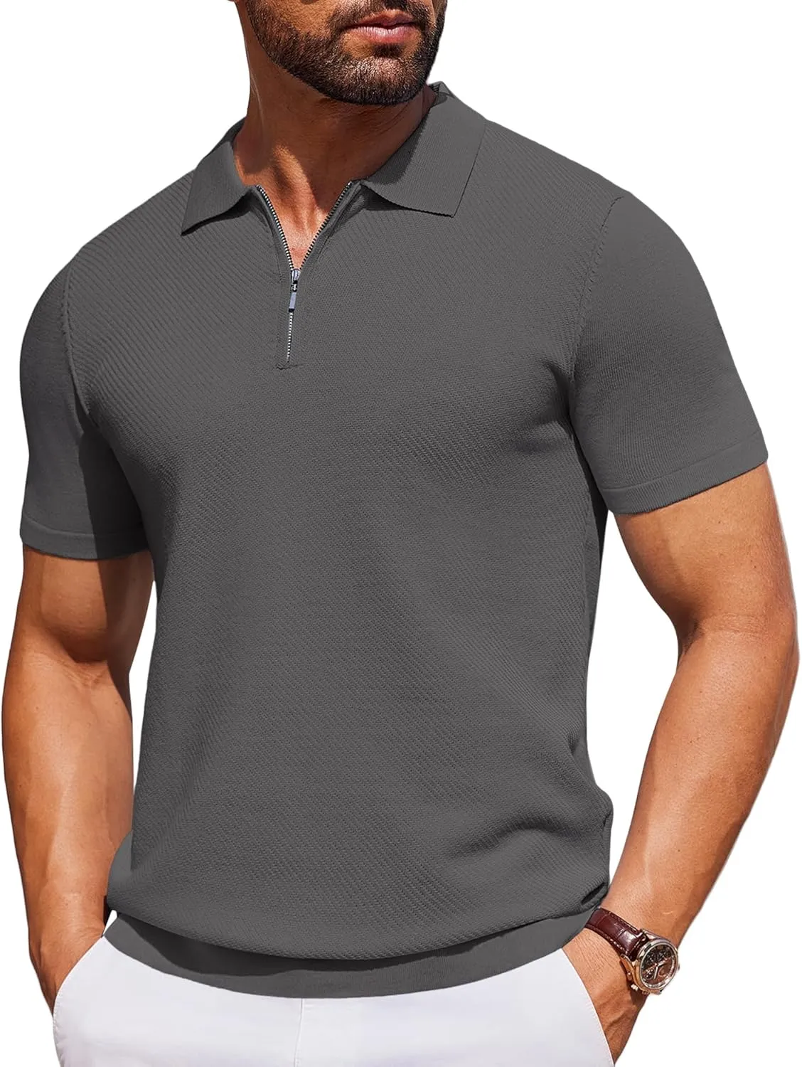 COOFANDY Men's Zipper Polo Shirts Short Sleeve Knit Polo T Shirt Casual Golf Polos for Men