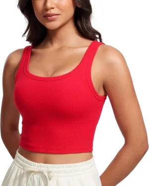 CRZ YOGA Womens Ribbed Longline Sports Bra - U Neck Padded Yoga Cami Workout Crop Tank Top Built in Pads