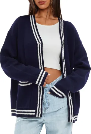 Darong Women Oversized Cardigan Sweaters Knit Button Front Stripes Trim Cardigan Tops Fall Outfits with Pockets