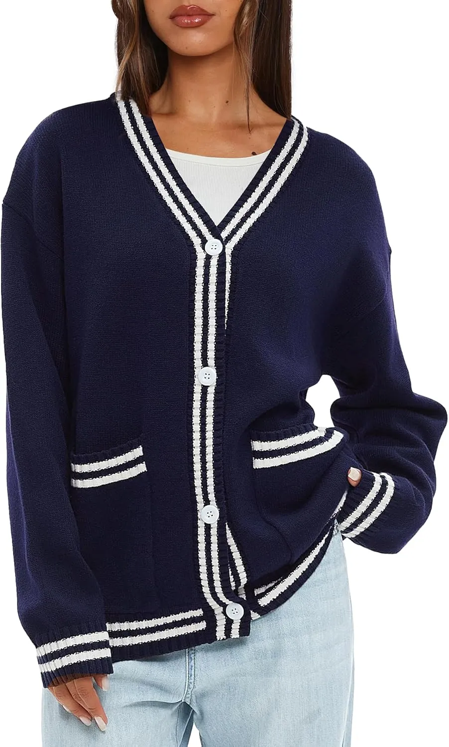 Darong Women Oversized Cardigan Sweaters Knit Button Front Stripes Trim Cardigan Tops Fall Outfits with Pockets