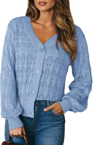 Dokotoo Cropped Cardigan Sweaters for Women Long Sleeve Crochet Knit Shrug Open Front V-Neck Button up Tops