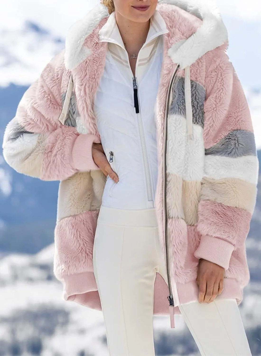 Dokotoo Womens 2024 Winter Fuzzy Fleece Jacket Hooded Color Block Patchwork Cardigan Coats Outerwear with Pockets