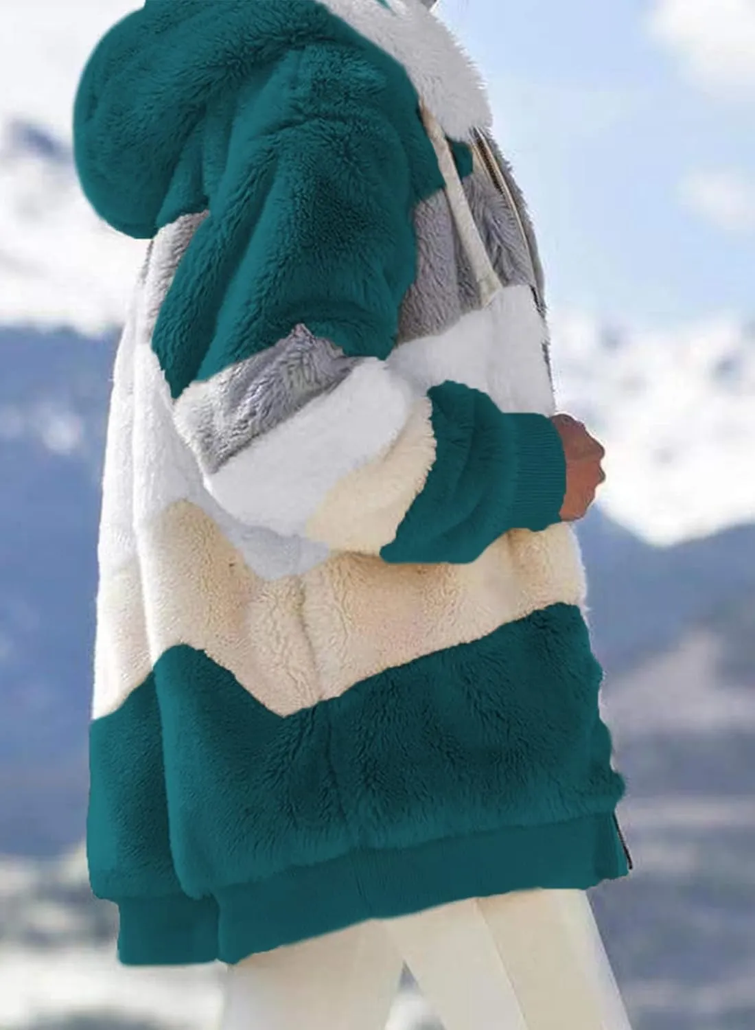 Dokotoo Womens 2024 Winter Fuzzy Fleece Jacket Hooded Color Block Patchwork Cardigan Coats Outerwear with Pockets