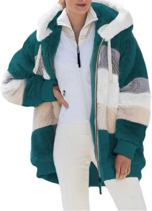 Dokotoo Womens 2024 Winter Fuzzy Fleece Jacket Hooded Color Block Patchwork Cardigan Coats Outerwear with Pockets