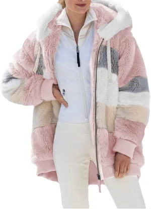 Dokotoo Womens 2024 Winter Fuzzy Fleece Jacket Hooded Color Block Patchwork Cardigan Coats Outerwear with Pockets