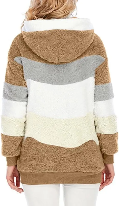 Dokotoo Womens 2024 Winter Fuzzy Fleece Jacket Hooded Color Block Patchwork Cardigan Coats Outerwear with Pockets