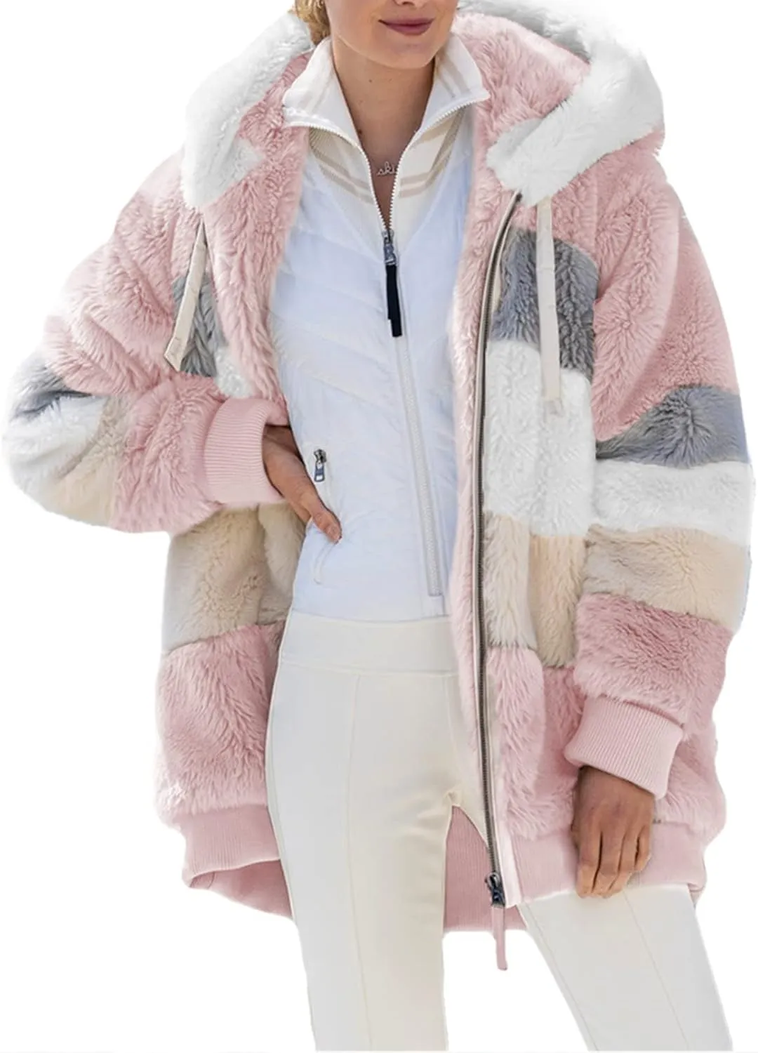 Dokotoo Womens 2024 Winter Fuzzy Fleece Jacket Hooded Color Block Patchwork Cardigan Coats Outerwear with Pockets