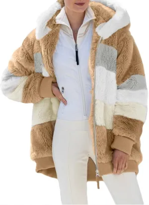 Dokotoo Womens 2024 Winter Fuzzy Fleece Jacket Hooded Color Block Patchwork Cardigan Coats Outerwear with Pockets