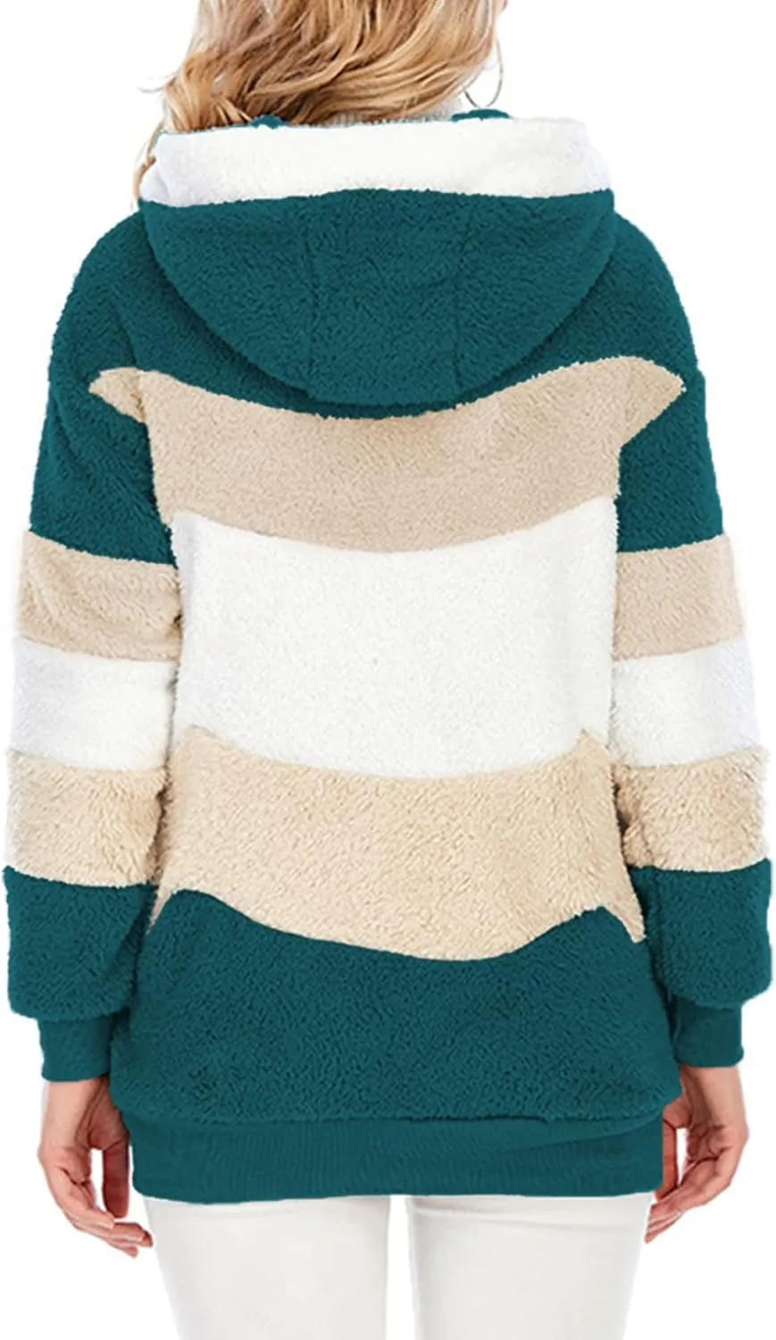 Dokotoo Womens 2024 Winter Fuzzy Fleece Jacket Hooded Color Block Patchwork Cardigan Coats Outerwear with Pockets