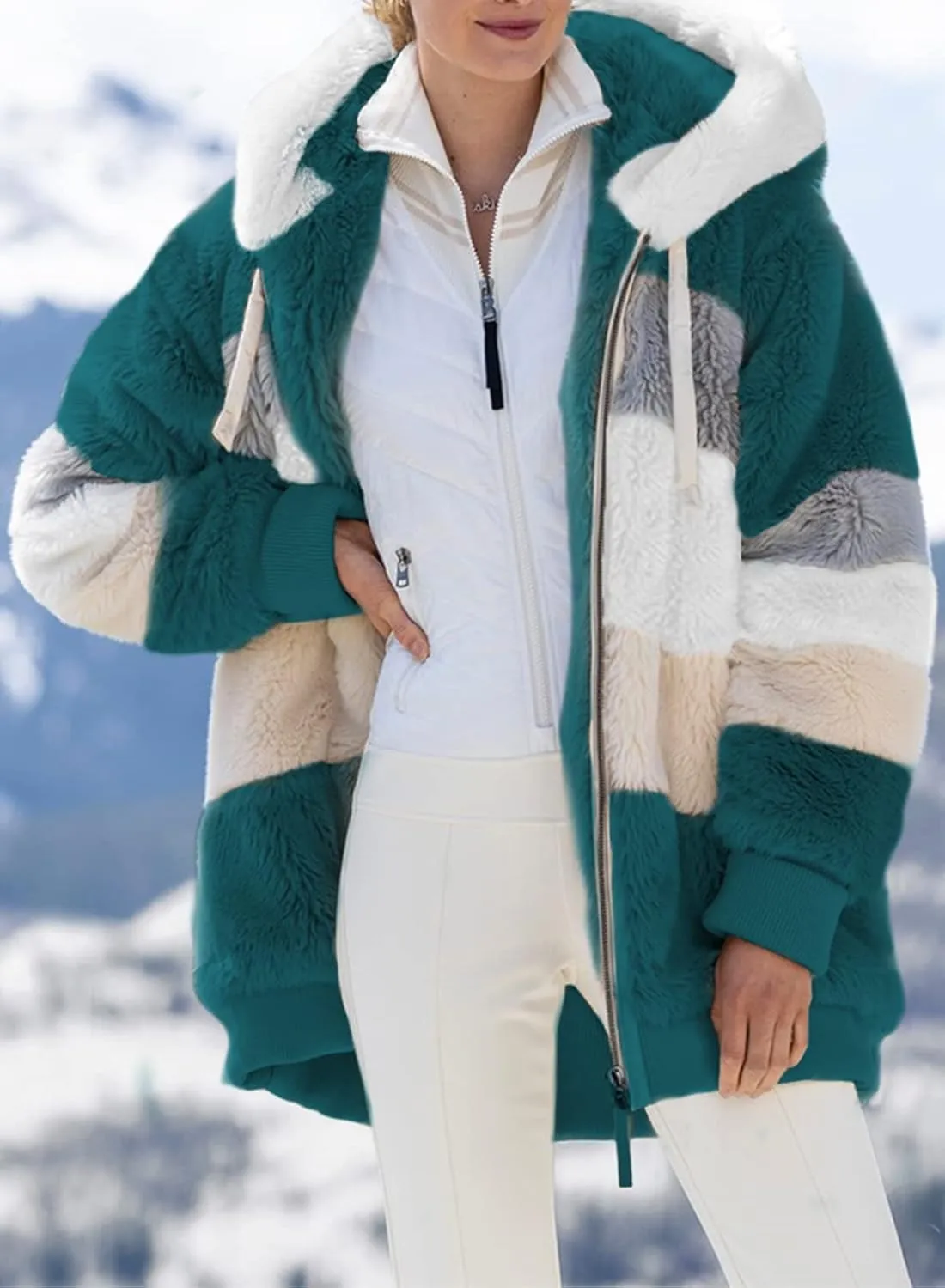 Dokotoo Womens 2024 Winter Fuzzy Fleece Jacket Hooded Color Block Patchwork Cardigan Coats Outerwear with Pockets