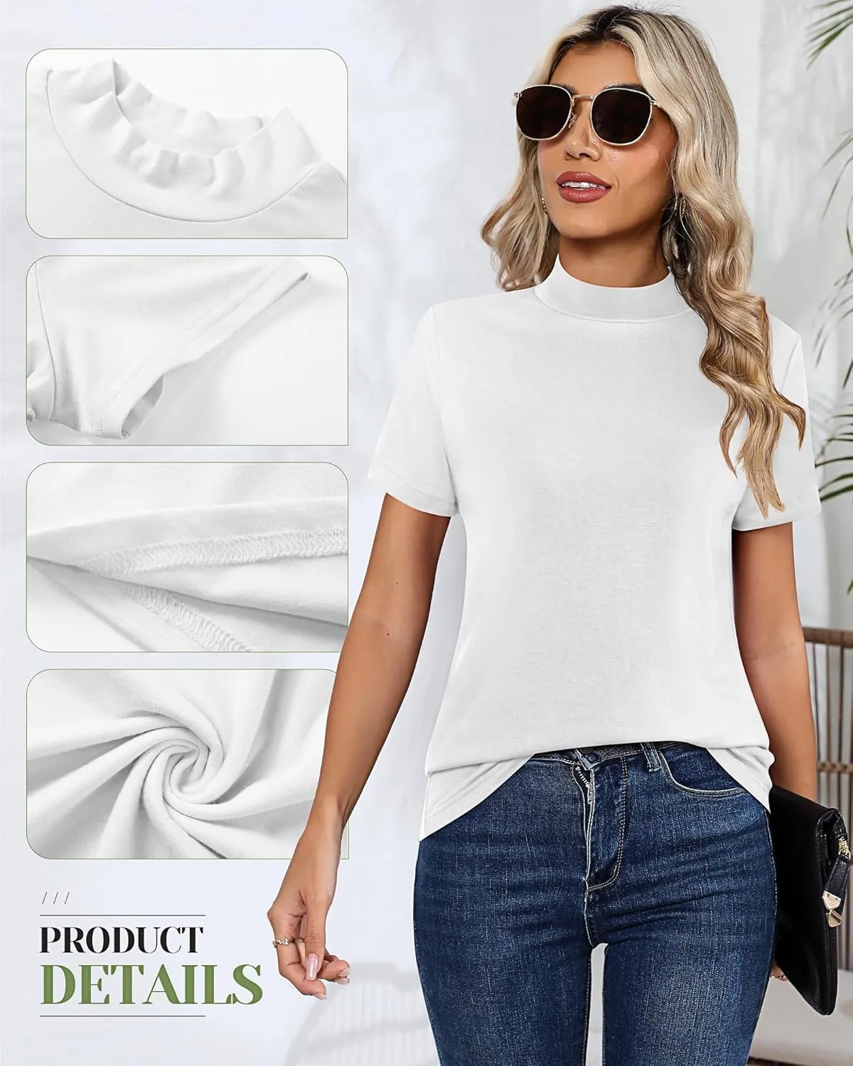 Ficerd 3 Pack Women's Mock Neck Shirts, Short Sleeve Turtleneck Tops Casual Comfy T Shirts Stretch Fitting Trendy Tee Blouse