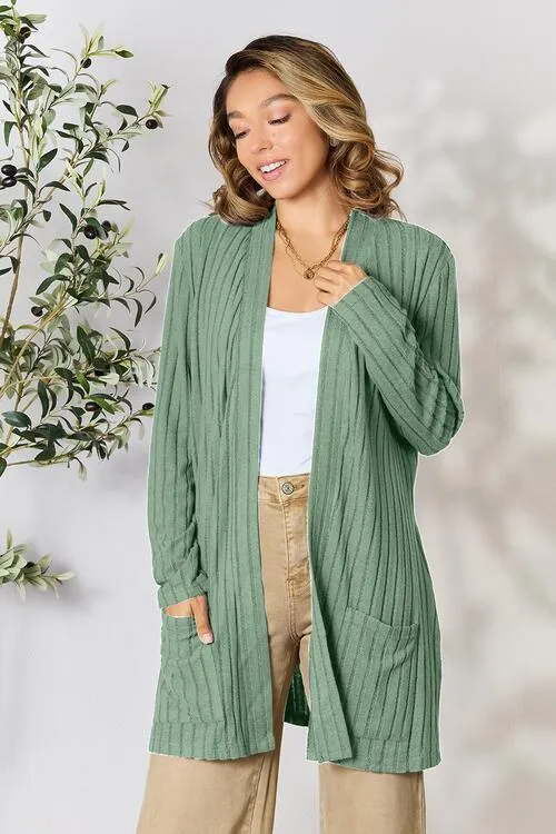 Full Size Ribbed Open Front Cardigan with Pockets