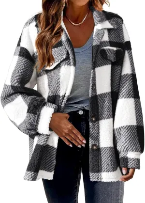 Fuzzy Fleece Shacket Jacket Sherpa Plaid Fleece Shearling Lined Coat