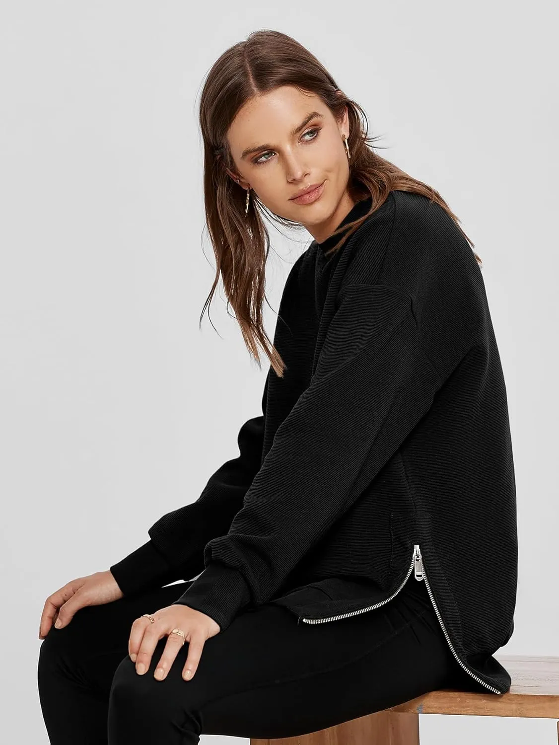 Glamaker Womens Oversized Sweatshirts Crewneck Side Zipper Pollover Long Sleeve Hoodie Sweaters 2024 Fall Clothes