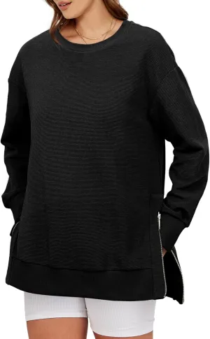 Glamaker Womens Oversized Sweatshirts Crewneck Side Zipper Pollover Long Sleeve Hoodie Sweaters 2024 Fall Clothes