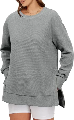 Glamaker Womens Oversized Sweatshirts Crewneck Side Zipper Pollover Long Sleeve Hoodie Sweaters 2024 Fall Clothes