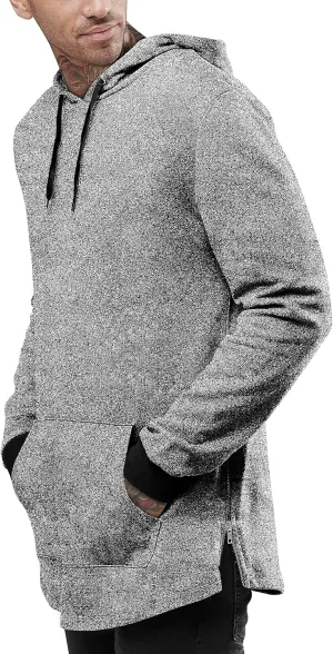 Hat and Beyond Mens Lightweight Marled Longline Zipper Hipster Hoodie Brushed Fleece Pullover