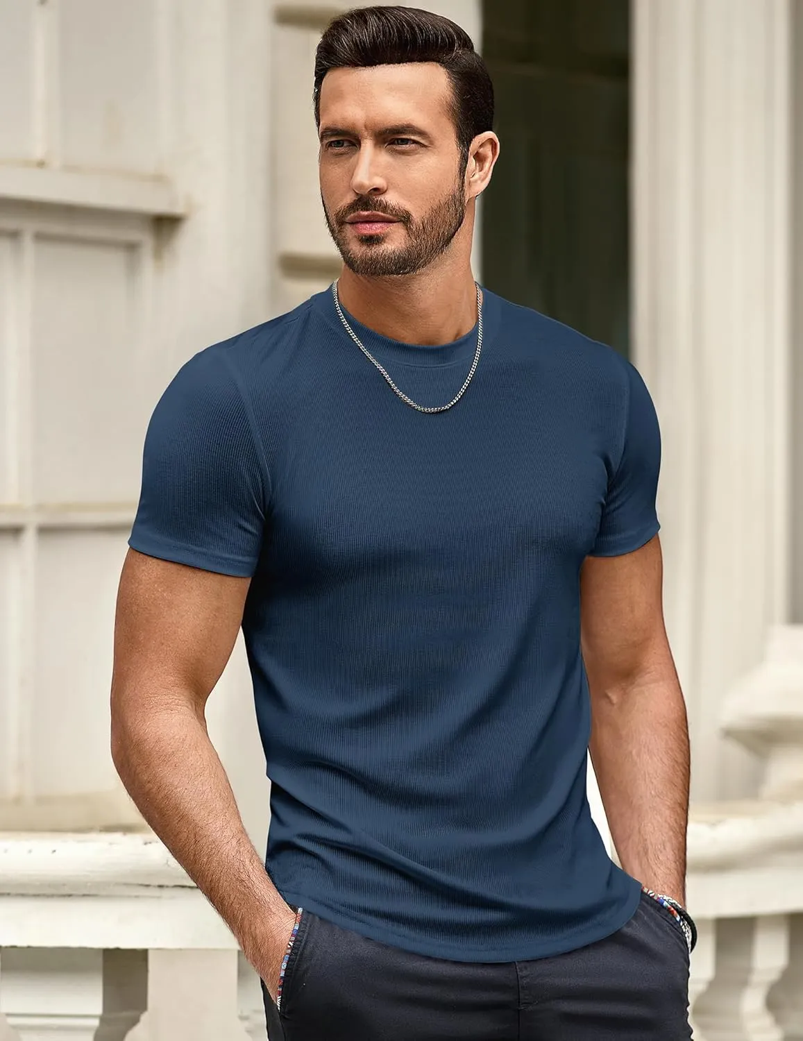 JMIERR Mens Short Sleeve T Shirt Summer Muscle Slim Fitted Crewneck Longline Tees Shirts for Gym Workout