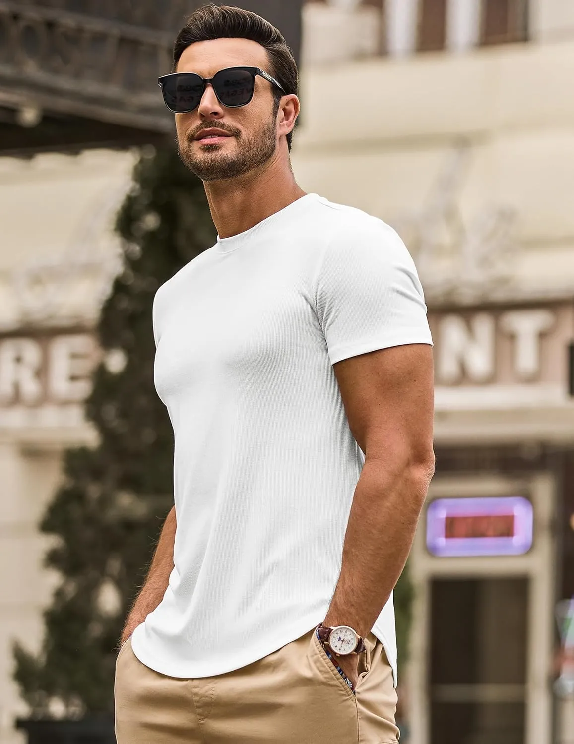 JMIERR Mens Short Sleeve T Shirt Summer Muscle Slim Fitted Crewneck Longline Tees Shirts for Gym Workout