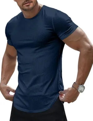 JMIERR Mens Short Sleeve T Shirt Summer Muscle Slim Fitted Crewneck Longline Tees Shirts for Gym Workout
