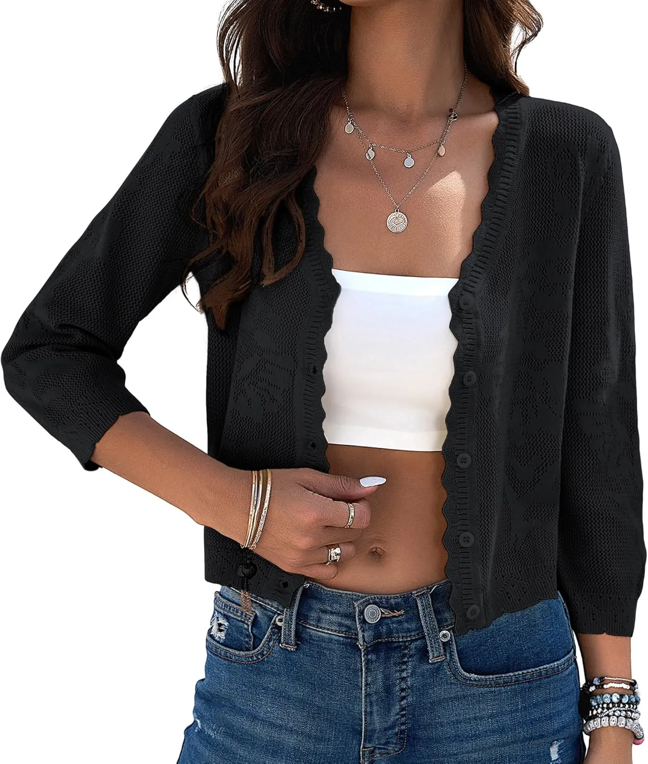 Kate Kasin Women's 2025 Cropped Cardigan Sweaters Trendy Lightweight 3/4 Sleeve Button Down Crochet Textured Shrugs Top