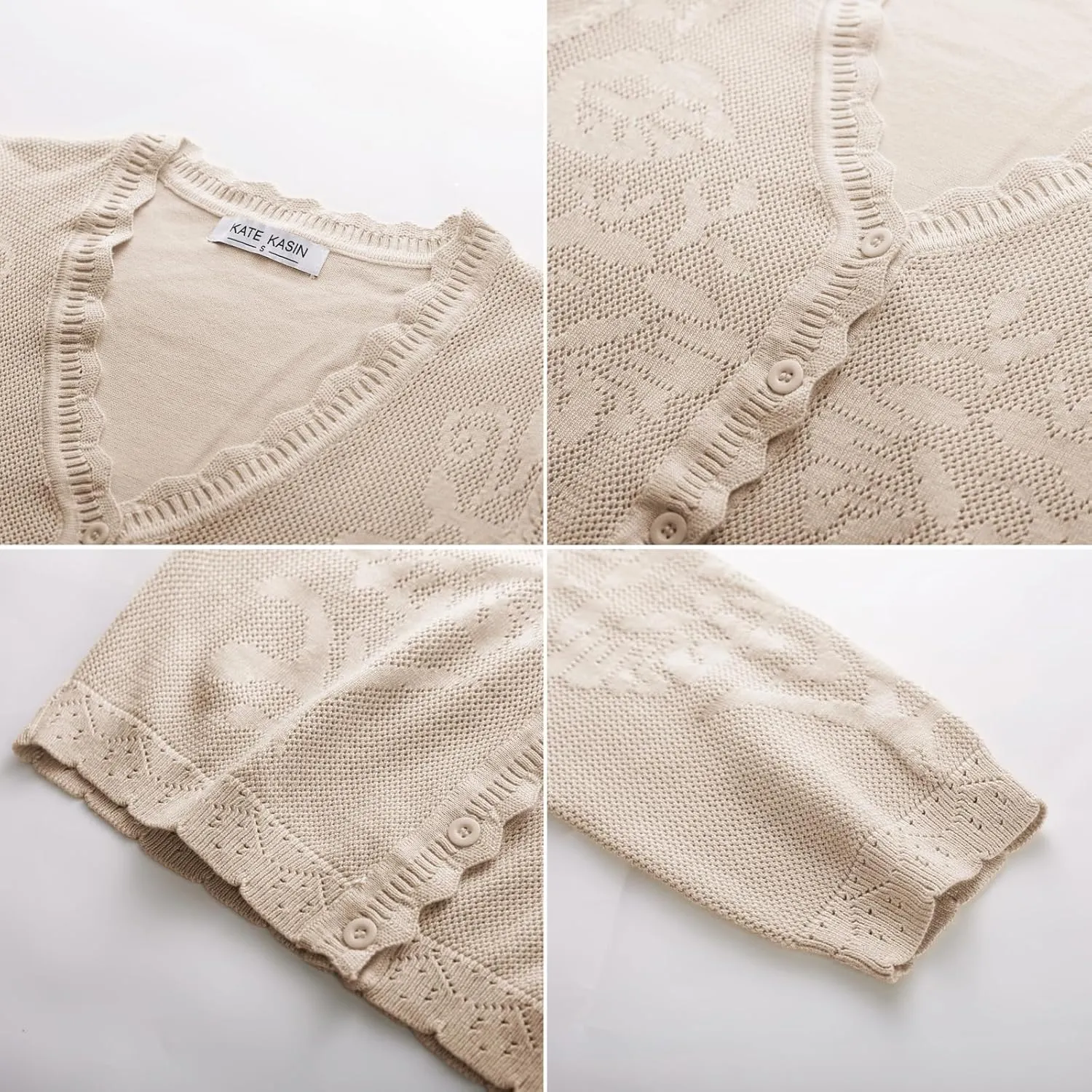 Kate Kasin Women's 2025 Cropped Cardigan Sweaters Trendy Lightweight 3/4 Sleeve Button Down Crochet Textured Shrugs Top