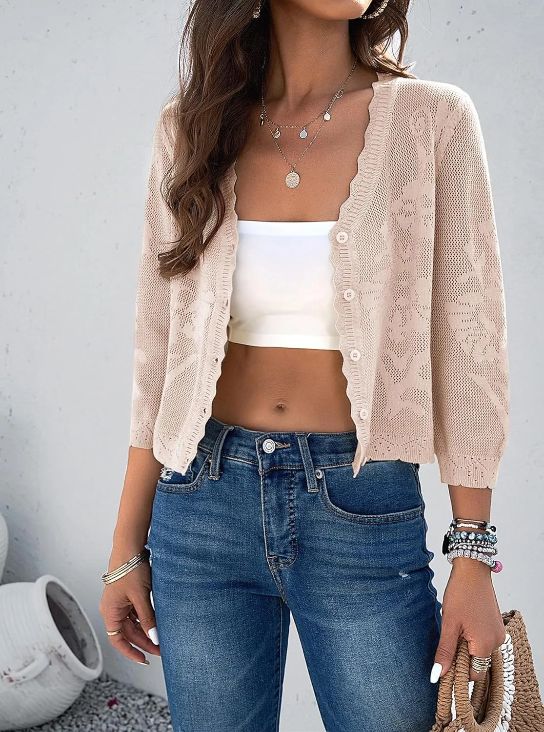 Kate Kasin Women's 2025 Cropped Cardigan Sweaters Trendy Lightweight 3/4 Sleeve Button Down Crochet Textured Shrugs Top