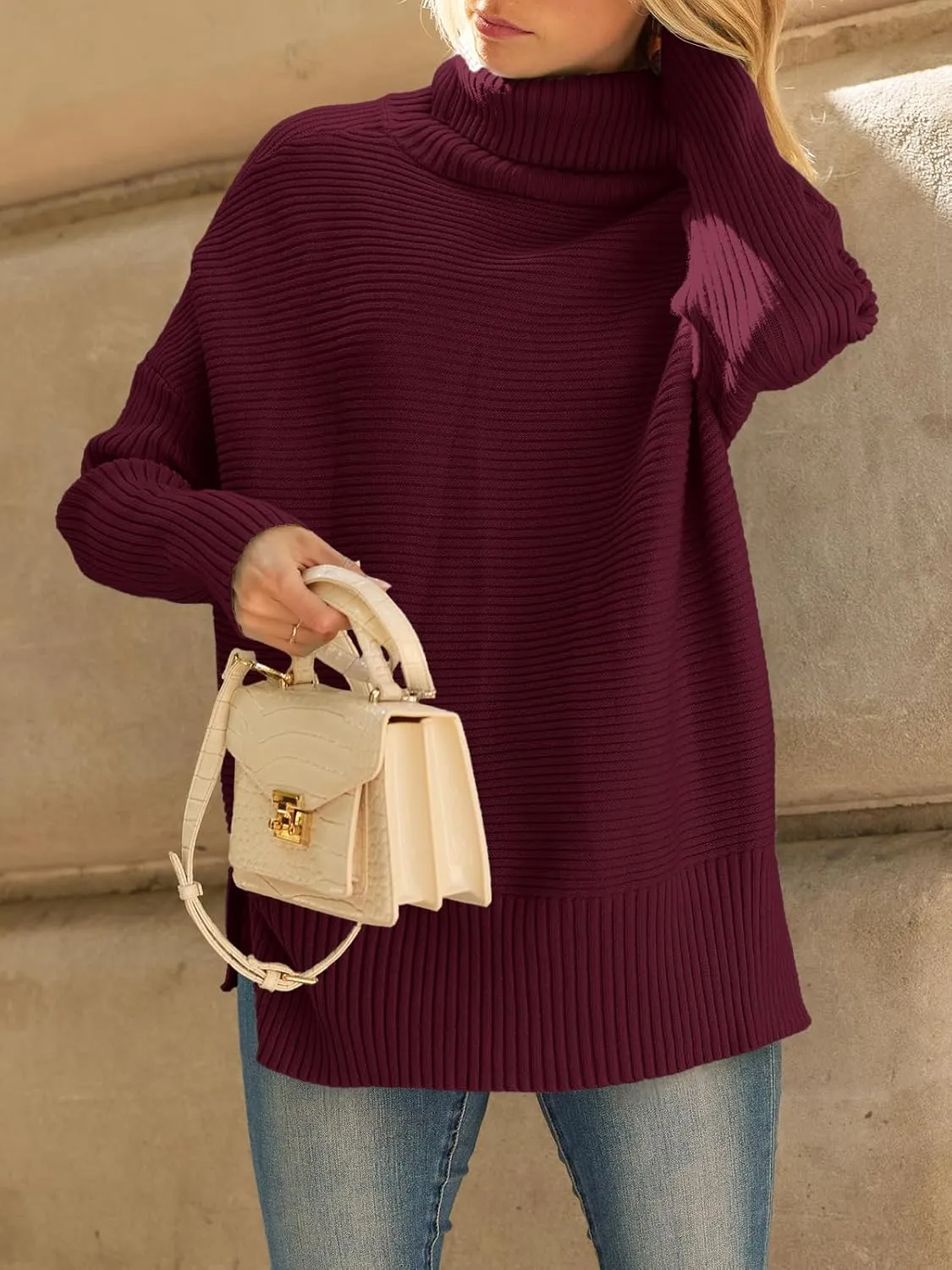 LILLUSORY Women's Oversized Turtleneck Sweaters Fall Batwing Sleeve Ribbed Tunic Sweater