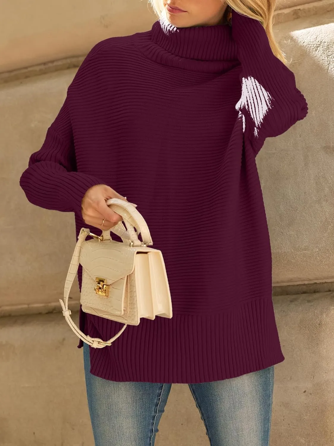 LILLUSORY Women's Oversized Turtleneck Sweaters Fall Batwing Sleeve Ribbed Tunic Sweater